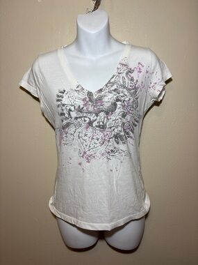 Express White V-Neck Tee with Black Graphic and Pink Accents